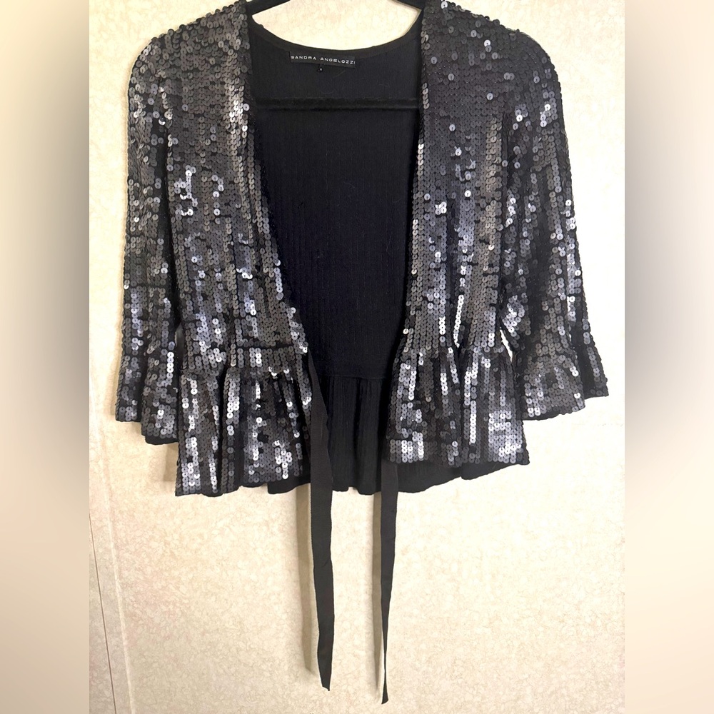 Sandra Angelozzi Silk Black Full Sequin Formal Dress Jacket Cardigan Women S